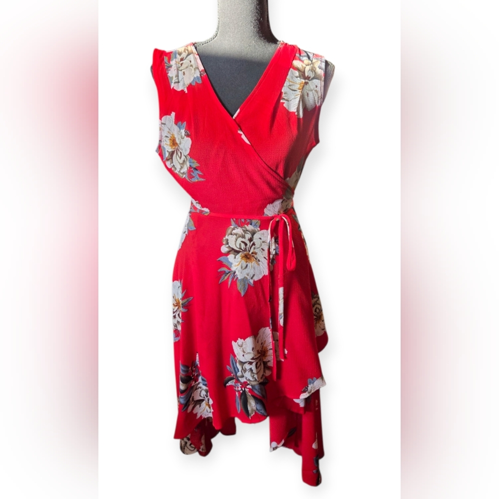 Zeagoo Red Floral High Low Wrap Dress EUC